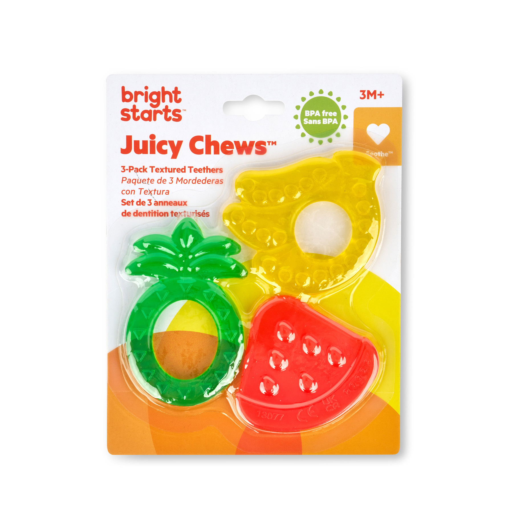 Bright Starts Juicy Chews, paquete de 3 mordedores texturizados: sandía, piña y plátano