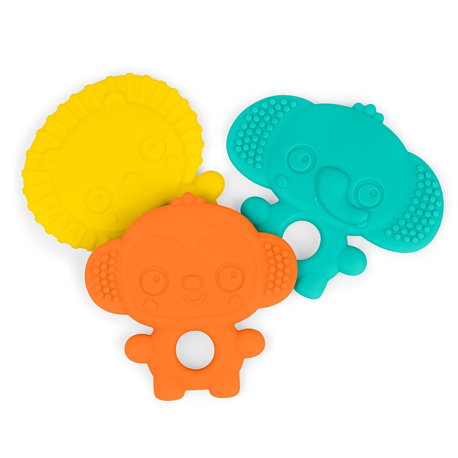 Bright Starts Gummy Buddies, paquete de 3 mordedores texturizados: elefante, león y mono